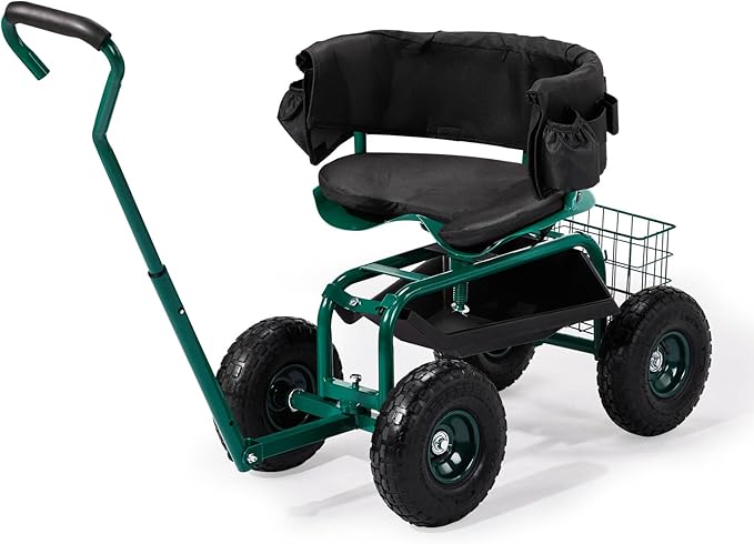 Rolling Garden Cart with Padded Seat and Backrest 360-Degree Swivel Gardening Scooter for Planting Weeding and Outdoor Tasks