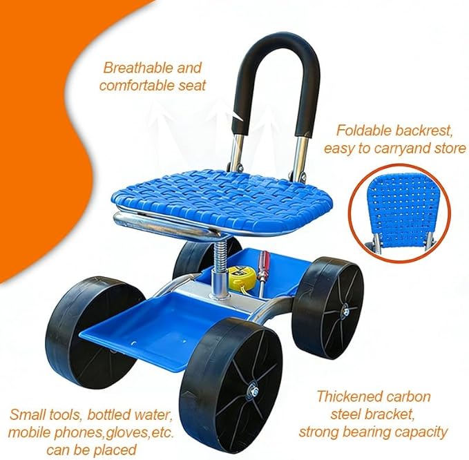 Garden Cart Rolling Workseat Rolling Stool with Wheels and Storage Shelf Foldable Garden Seat with 360° Rotating Seat Adjustable Height 23-35cm for Patio Lawn Yard(A)