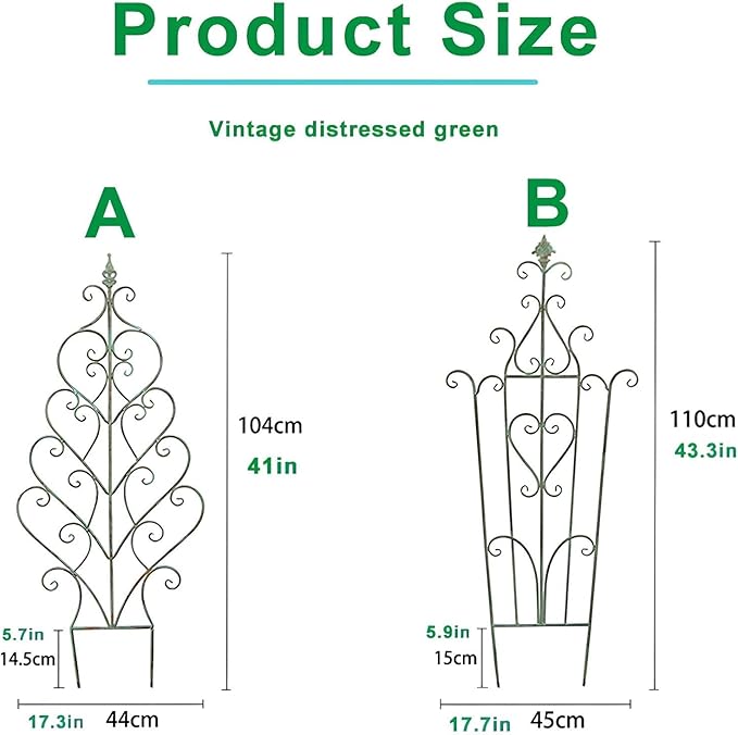 Metal Trellis for Outdoor Climbing Plants Green Antique-Style Vintage Garden Trellis Roses Vines Flowers(B)