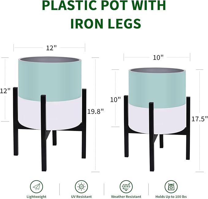 10 &amp 12 Inches Plant Pots with Stand-Large Indoor Planters with with Drainage HolesModern Planting Pots with White and Green Color Matching for Living Room Office Garden Or Balcony