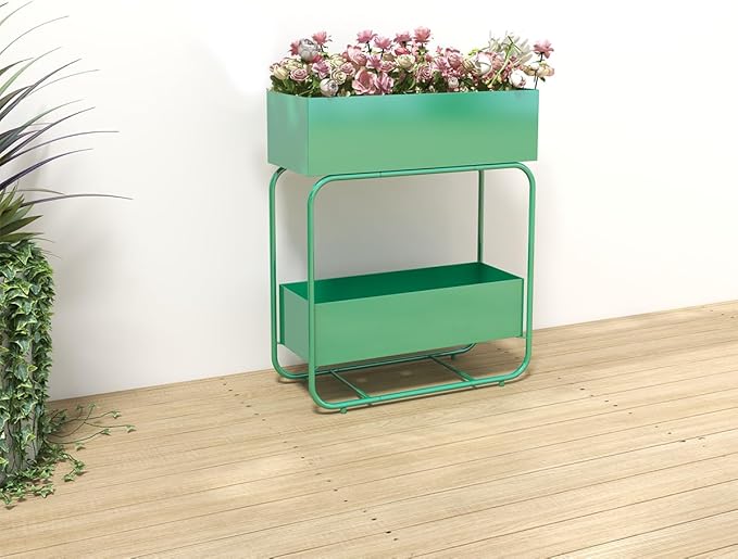 Raised Garden Bed 2 Tier Outdoor Metal Planter Box Plant Stand with Drainage Planter Holder Rack Fruit Vegetables and Flowers Can Be Grown Green