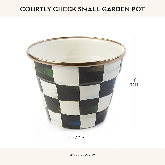 MACKENZIE-CHILDS Enamel Garden Pot Planting Pot for Plants and Flowers Small Black-and-White Courtly Check