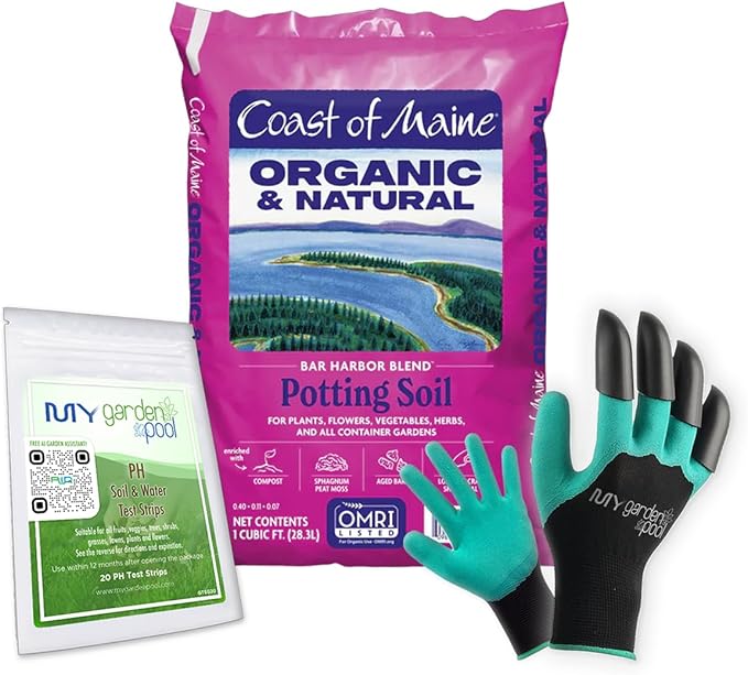 Coast of Maine BH1000 Bar Harbor Container Potting Soil 1 cf with My Garden Pool 7-in-1 Soil Test Strips 20 ct. and Claw Gardening Gloves