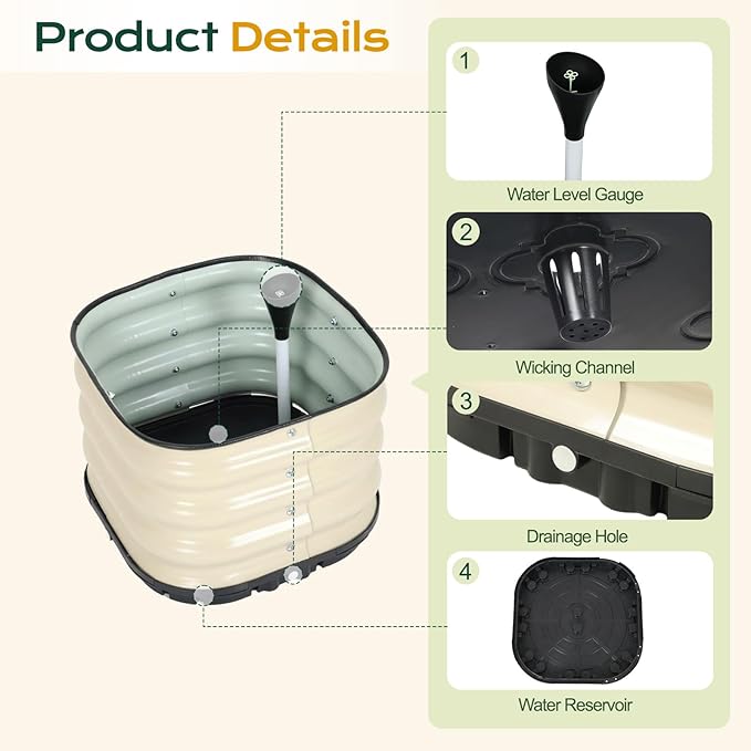 Aoodor Galvanized Raised Garden Bed 16.5'' Self-Watering Planter Box with Drainage Plug and Water Reservoir for Indoor &amp Outdoor Gardening Self-Watering Pot for Balcony Patio Backyard Beige
