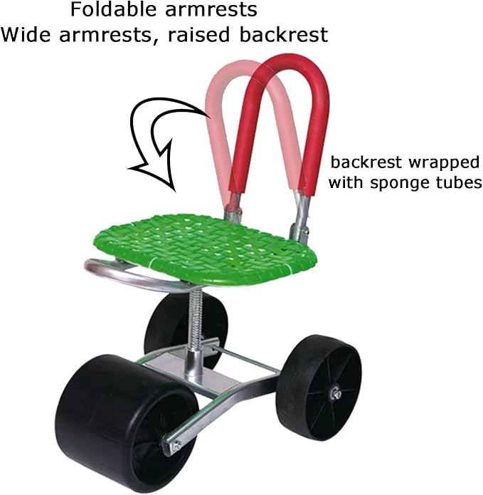 Rolling Gardening Work Stool Bearing 150kg Adjustable HeightGarden Helper with Foldable Backrestfor Yard Patio(Green4 Wheels)