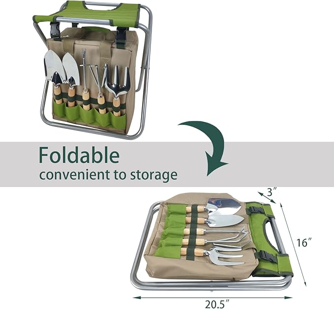 Garden Folding Gardener Stool with Gardening Tools Insulation Garden Bags Plus 5 Garden Tools and Gardening Kneeler Ideal Gift for Mother's Day/Father's Day