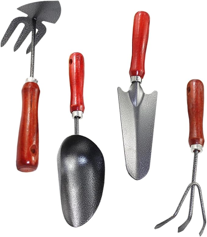 Beaupretty Garden Tool Set 4pcs Mini Spade Shovel with Extended Narrow Blade 3-Prong Cultivator Dual-use Hoe Rake and Soil Scoop for Precise Weeding and Planting in Pots and Gardens
