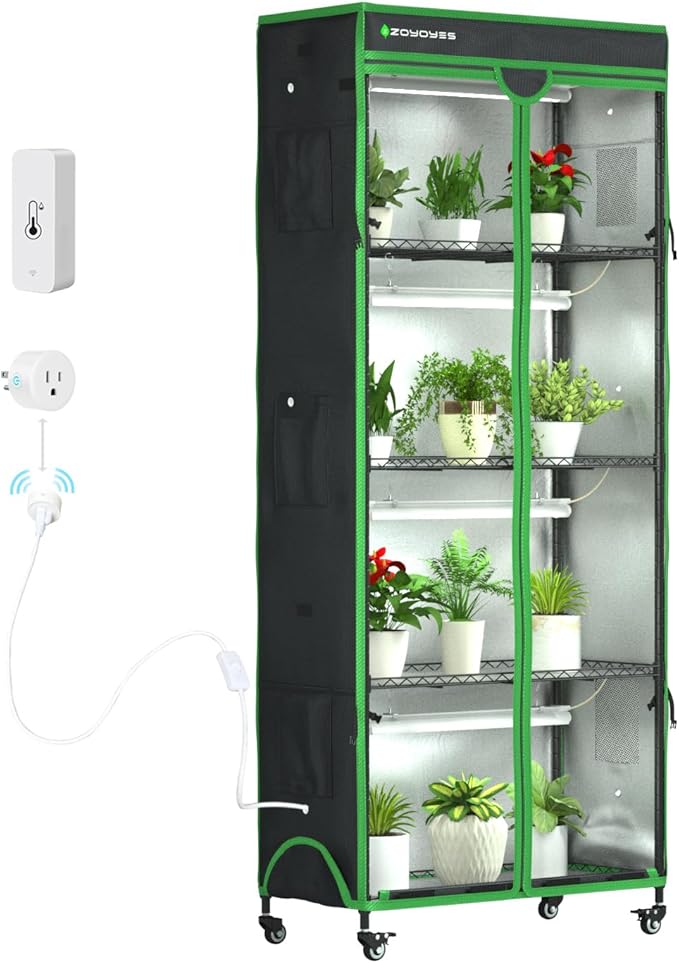 Indoor Greenhouse with Grow Light 35.8 W x 17.8 D x 71.8 H 5-Tier Plant Shelf with 3-Color T8 Growth Lights Plant Stand with Smart Timing Plug and thermohygrometer
