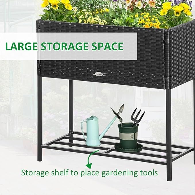 Outsunny Raised Garden Bed Elevated Planter Box with Rattan Wicker Look Tool Storage Shelf Portable Design for Herbs Vegetables Flowers Black