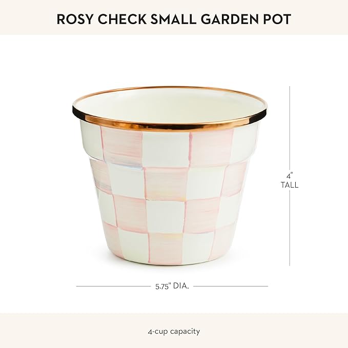 MACKENZIE-CHILDS Enamel Garden Pot Decorative Pot for Plants Outdoor Flowerpot Decor Small Pink-and-White Rosy Check
