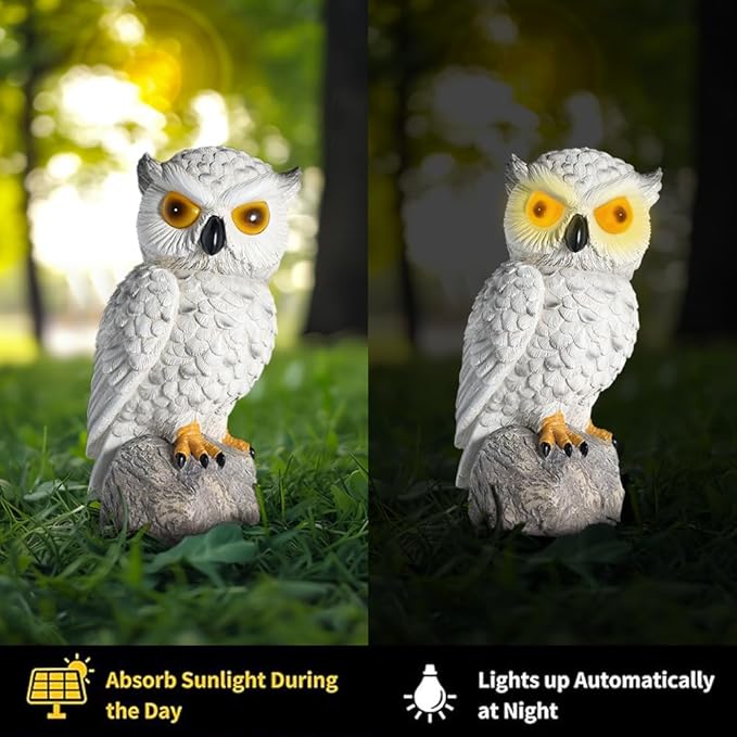 1 KINGO Fake Owl Decoy with LED Eyes &amp Ultrasonic Deterrent Scarecrow Owl Decoys to Scare Birds Away Bird Deterrents for Outside Solar Powered Bird Repellent Devices Outdoor Resin Garden Statu