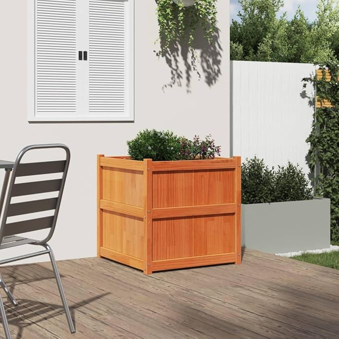 Garden Planter Wax Brown Solid Pine Wood 27.6 in Square Planters for Outdoor Plants Raised Garden Bed for Patio Balcony Deck