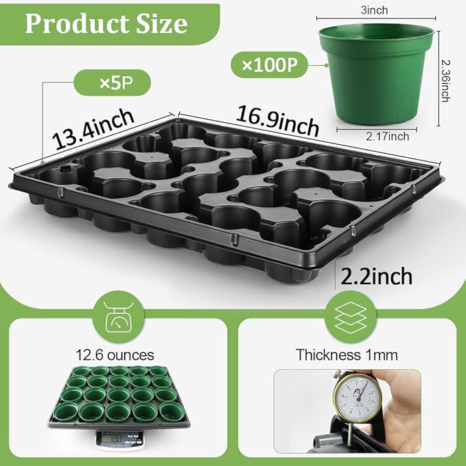 3 Inch Nursery Pots 100 Pcs with 5 Pcs 20 Cell Nursery Pot Trays 5 Sets Seed Starting Kit for Seedlings Propagation and Home Gardening Sturdy Green Seeds Starter Pot Tray Germination Set