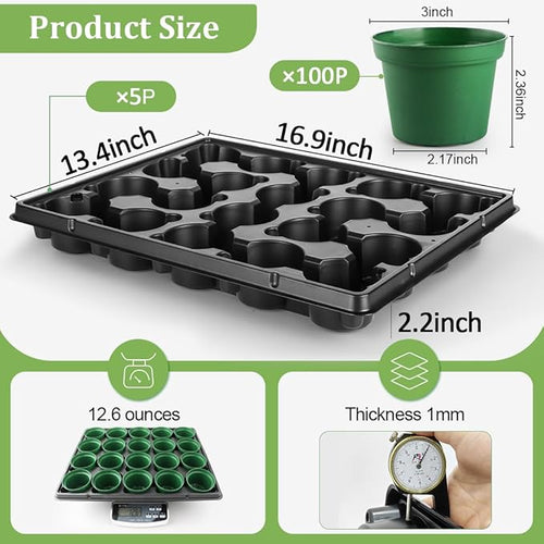 3 Inch Nursery Pots 100 Pcs with 5 Pcs 20 Cell Nursery Pot Trays 5 Sets Seed Starting Kit for Seedlings Propagation and Home Gardening Sturdy Green Seeds Starter Pot Tray Germination Set