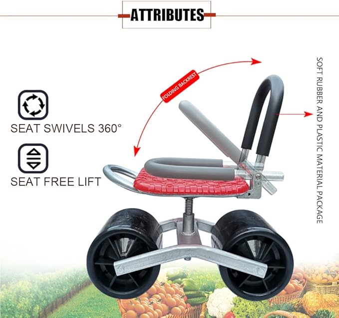 DYK&ampNX Gardening Rolling Scooter with Seat Foldable Garden Cart Portable Gardening Stool 360° Rotation Garden Kneeling Pad Great Gift for Parent Gardener Old People