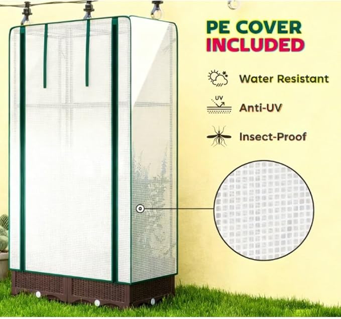 Raised Garden Bed with Built-in Trellis and Weather-Resistant Cover for Outdoor Vegetable and Flower Growing (Brown + White + Polypropylene + Steel)