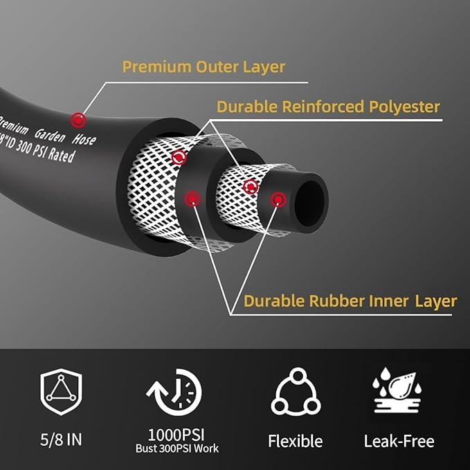 Heavy Duty Premium Garden Hose 200ft x 5/8 300PSI Working 1000PSI Burst Hybrid Rubber Water Hose with Transparent Swivel Handle - Hot/Cold Water - Five Layered Braiding with Brass fittings (Black)