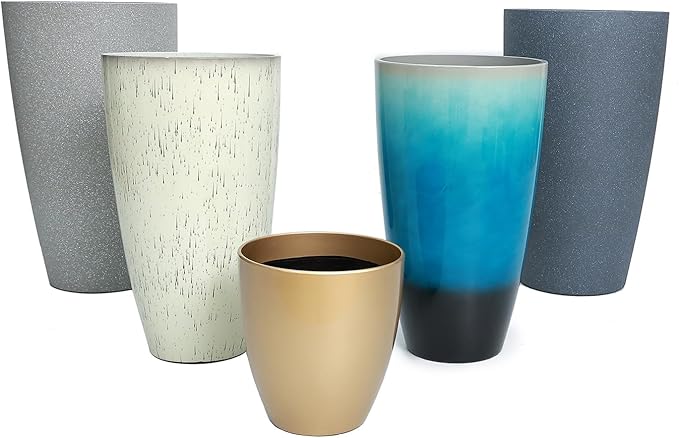 242111 Inch Large Plastic Planters with Drainage Hole and Saucer - Set of 3 Tall Plant Pots Indoor Flower Pot Tall Round Planters Outdoor Large Tall Planter