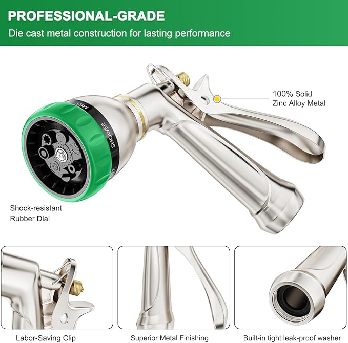 FANHAO Heavy Duty Garden Hose Nozzle 100% Metal Water Hose Sprayer with 7 Spray Patterns Ergonomic Rear Trigger High Pressure Water Nozzle Sprayer for Watering Plants Washing Car and Pet