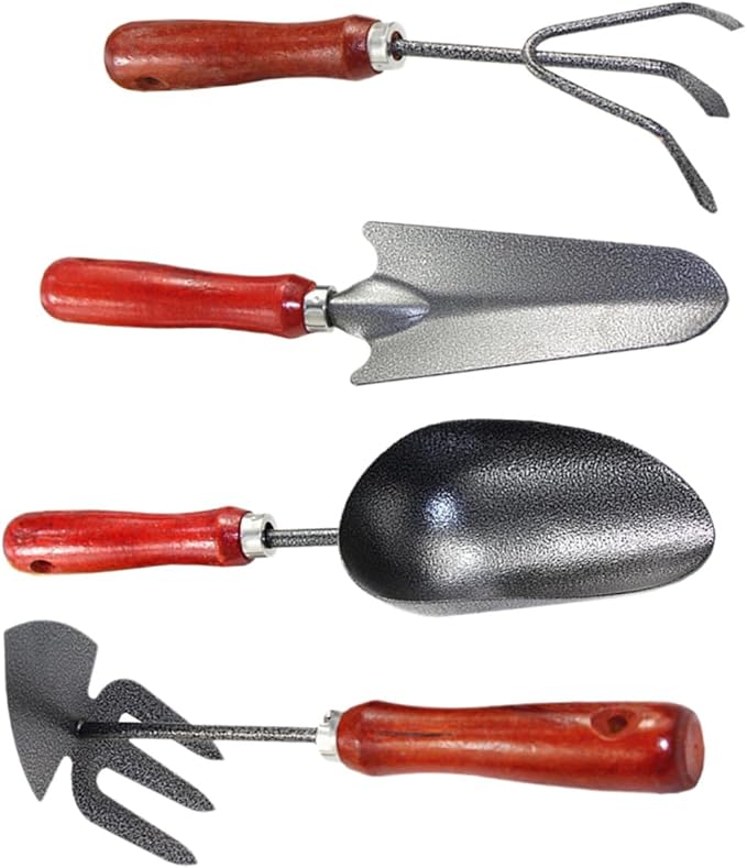 Garden Tool Set 4pcs Mini Gardening Shovel Hand Trowel Narrow Shovel Hand Rake Double-use Hoe with Scoop for Flower Planting and Soil Digging