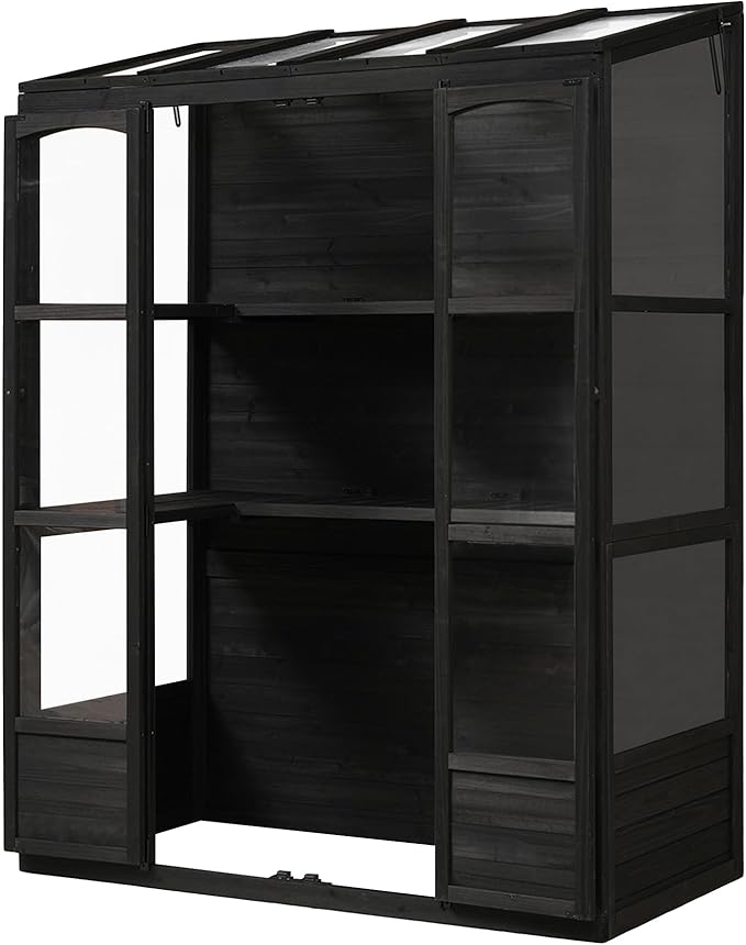 78inch Height Wood Large Greenhouse Cold Frame with 4 Independent Skylights and 2 Folding Middle Shelves Walk-in Outdoor Greenhouse for Backyard Mudroom (Black/78)