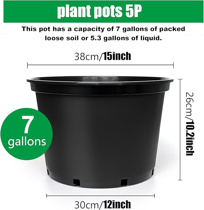 7 Gallon Plastic Nursery Pots 15 Inch Large Plastic Pots for Plants Round Plant Pots with Drainage Holes Flower Pots for Outdoor Indoor Plants Gardening Gifts for Women (5-Pack Black)