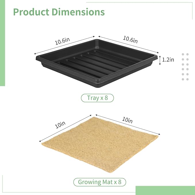 16 PCS Jute Grow Mat Tray Set 8 Reusable Trays and 8 High-Absorbency 9.8 x 9.8 Jute Mats Organic Growing Mat Kit for Microgreens