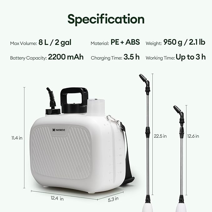 2 Gallon Electric Sprayer Battery Powered Spray Bottle Automatic Water Pump Plant Mister Weed Yard Sprayer with 3 Nozzles Ergonomic Handle 3 Hours Long Battery Life