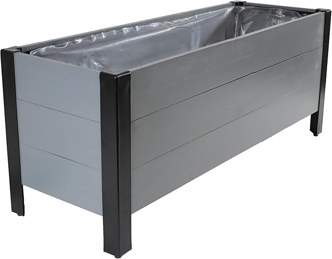 Sunnydaze Acacia Wood Rectangular Planter Box - 14.75 H Wooden Raised Garden Bed with Removable Polyethylene Planter Bag - Gray
