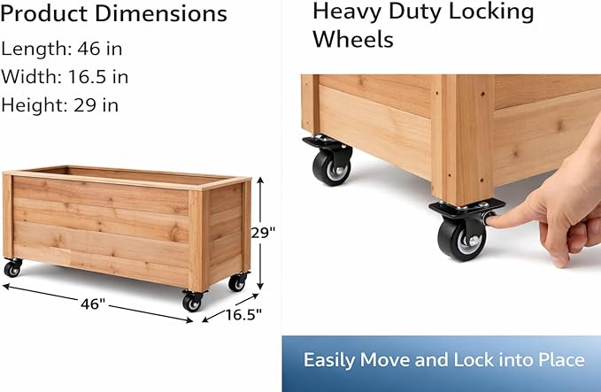 Tall Cedar Planter Box with Locking Wheels – Mobile Raised Garden Bed for Patio Balcony &amp Business Entrances – Wooden Planter with Brakes for Flowers Herb &amp Vegetable Plants (30 x 16.5 x 2