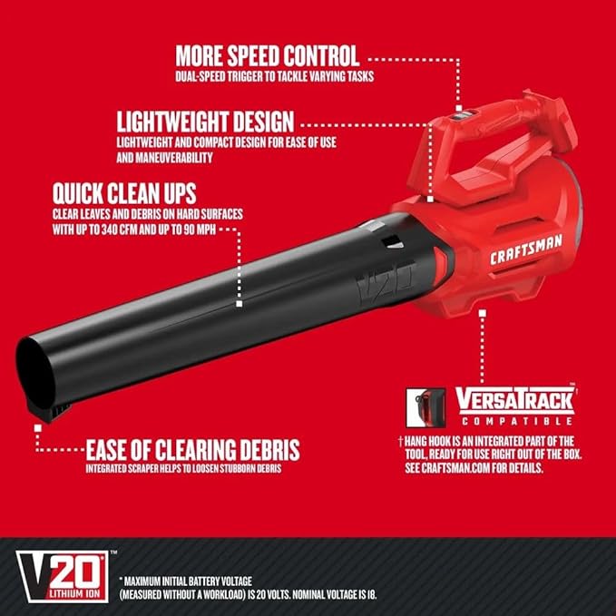 CRAFTSMAN CMCBL700BR V20 Brushed Lithium-Ion Cordless Axial Leaf Blower (Tool Only) (Renewed)