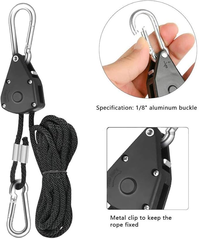 8 Pairs 1/8 Heavy Duty Ratchet Hangers Adjustable Rope Hangers Grow Light Rope Hangers for Grow Plant Fan Filter Room Equipment 150 LB Capacity per Pair