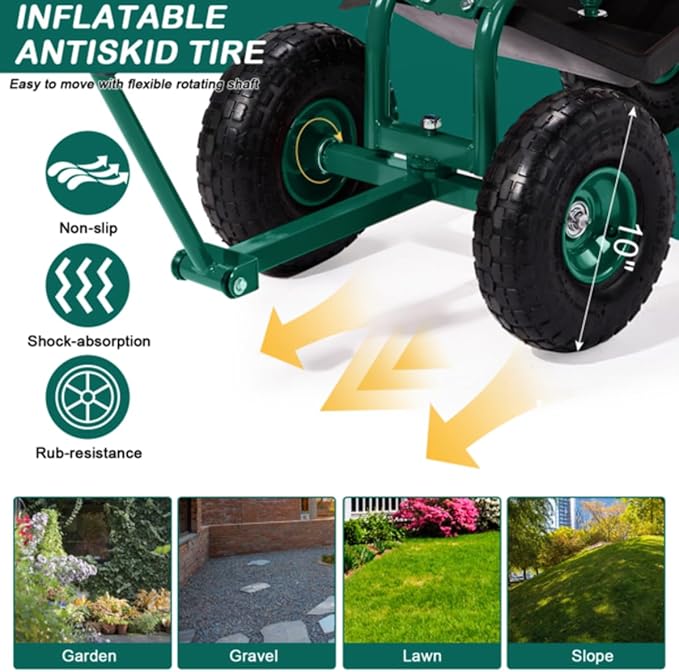 Rolling Garden Cart with Ergonomic Seat Outdoor Gardening Stool for Planting Garden Scooter with 360 Degree Swivel Seat &amp Steering Handle &amp Tool Tray (Handle Green)