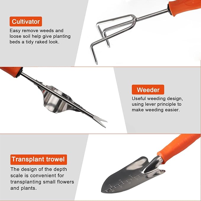 Garden Tool Set 8Pcs Stainless Steels Garden Hand Tools Kit Durable Rust-Proof Gardening Tool Set with Handbag for Family