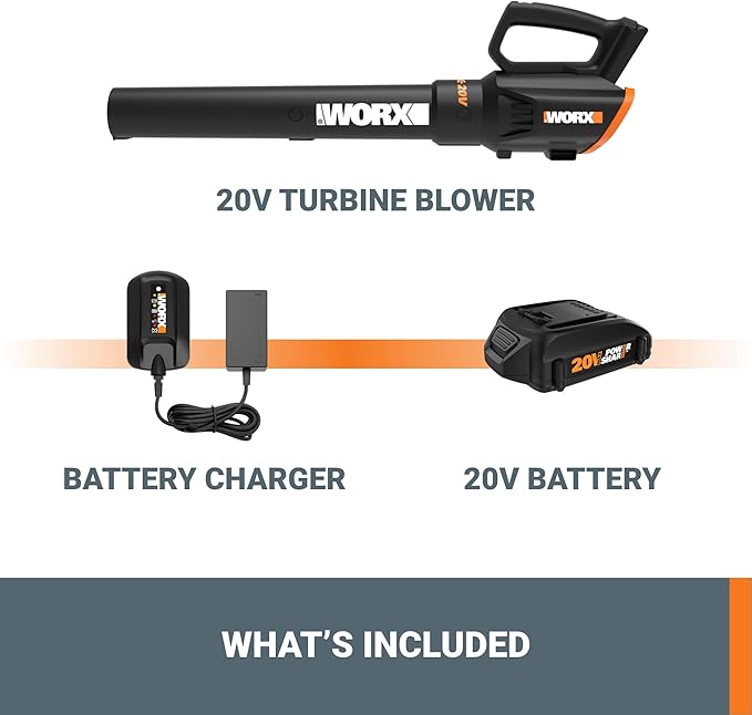 WORX Cordless Leaf Blower Electric Blower with Turbine Fan Blowers for Lawn Care with 2 Speed Control Battery &amp Charger Included WG547