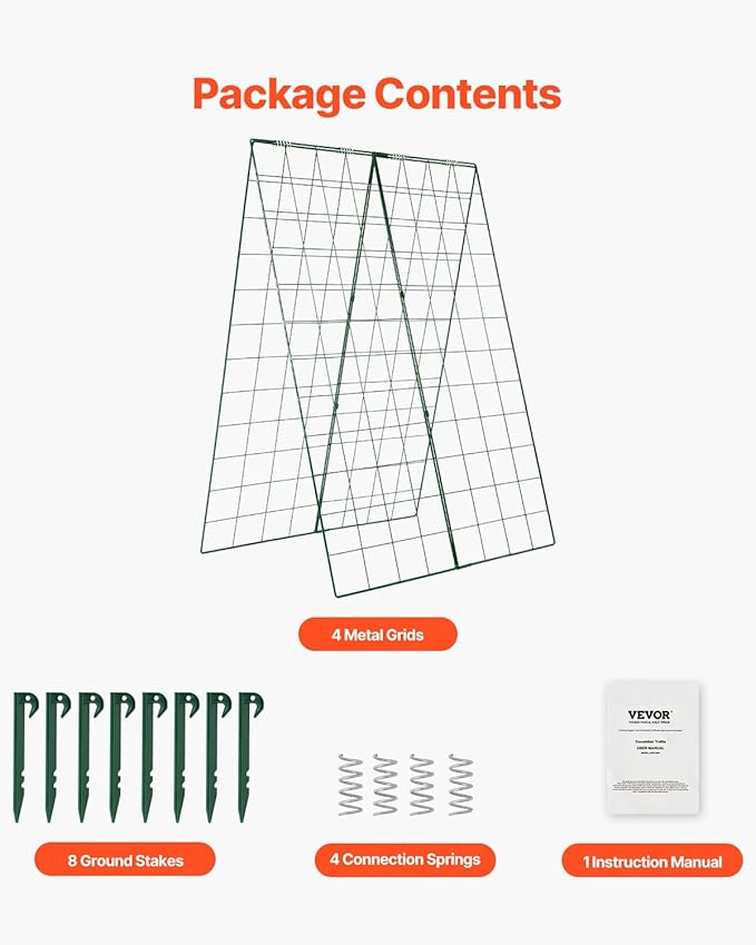 VEVOR Cucumber Trellis for Climbing Plants46 H x 32 W Foldable Cucumber Trellis Set with Plant Clips Metal Garden Trellis for Raised Bed Outdoor Plant Grow Support for Tomato Vegetable(2 Pack)