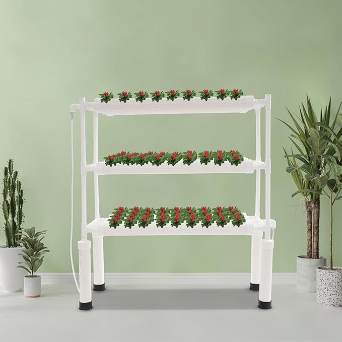 Hydroculture System 108 Planting Places 3 Floors Vertical Hydroponics Growing System Indoor Hydroponics Plant for Herbs Salad Vegetables with Timer &amp Pump White