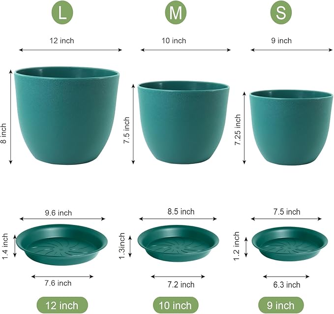 12/10/9 Large Modern Plant Pots Plastic Planters with Drainage Holes and Saucers for Indoor Outdoor Plants Flowers Malachite Green