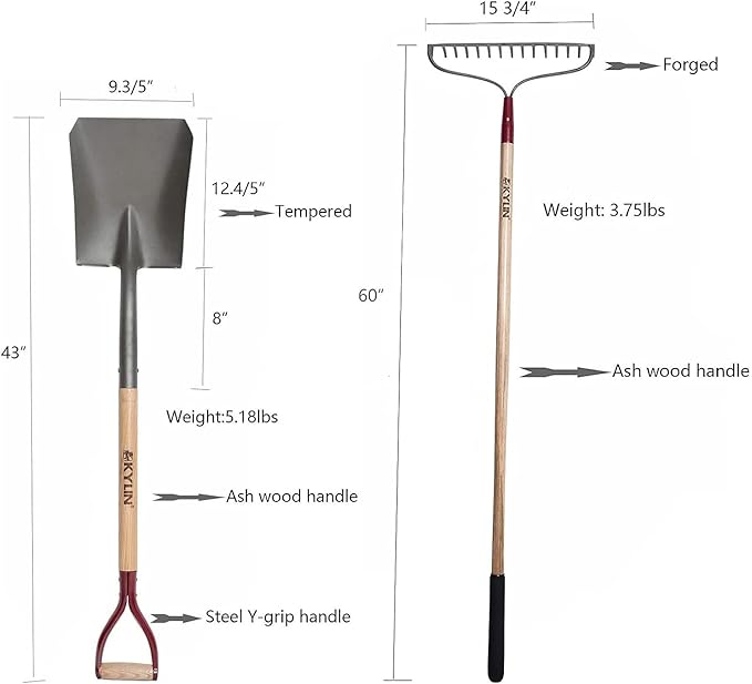 KYLIN 6-Piece Pro Long Ash Handle Garden Tools Set for Landscaping Agricture or Backyard14-Gauge ShovelsForged RakesForged Weeding Hoe Sidewalk Scraper