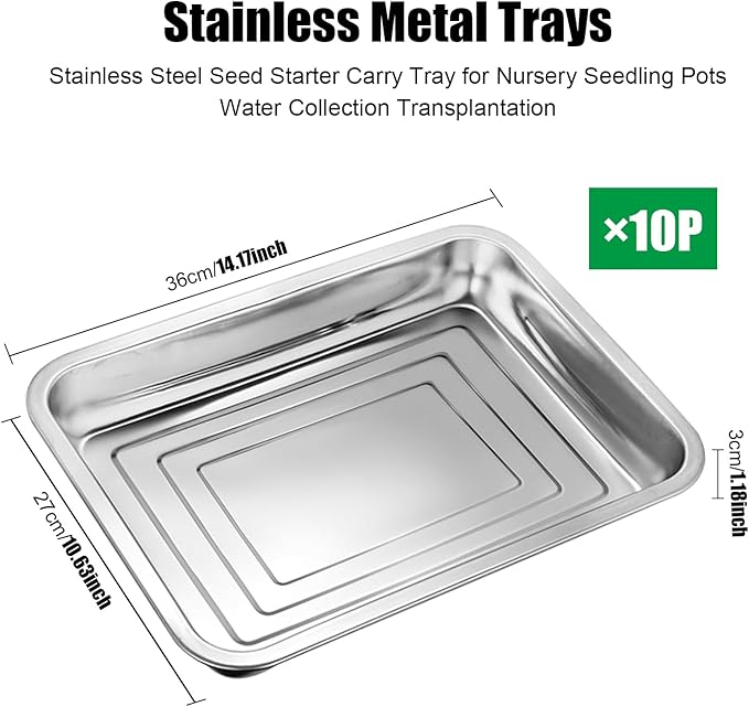 10 Pack Stainless Metal Trays Stainless Steel Seed Starter Carry Tray for Nursery Seedling Pots Water Collection Transplantation (10.63 inch×14.17 inch 1.18 Height)