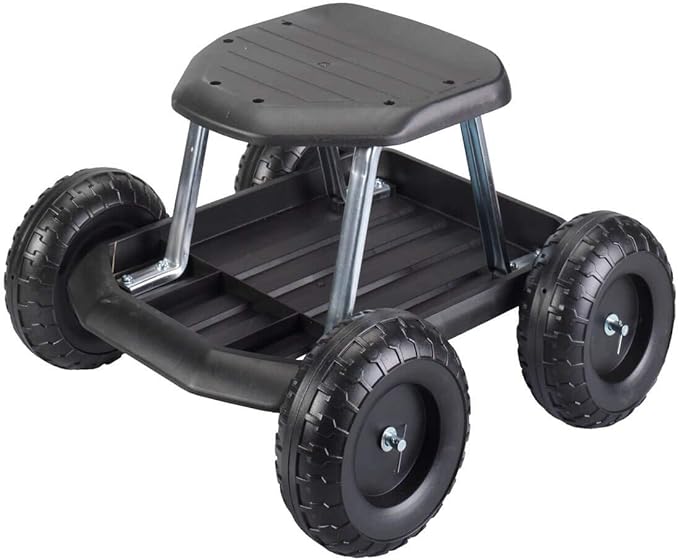 Rolling Garden Cart Scooter with Seat and Utility Tool Storage Tray Black