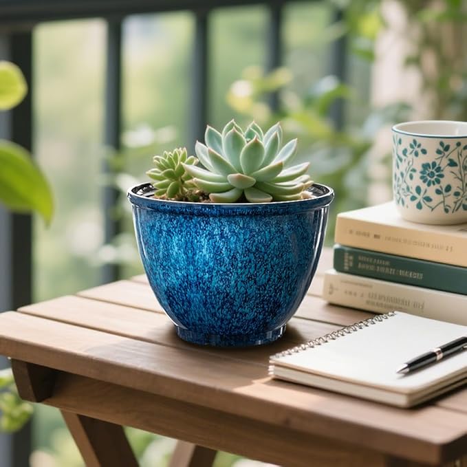 Plant Pots Set of 4 Plastic Planters with Drainage Hole 8 Inch Glaze Plastic Flower Pots for Plants Nursery Planting Pot Planter for Indoor Outdoor Home Decorative(Blue)