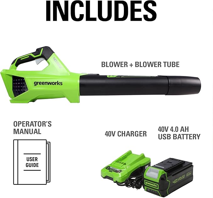 Greenworks 40V (120 MPH / 450 CFM / 75+ Compatible Tools) Cordless Axial Leaf Blower 4.0Ah Battery and Charger Included