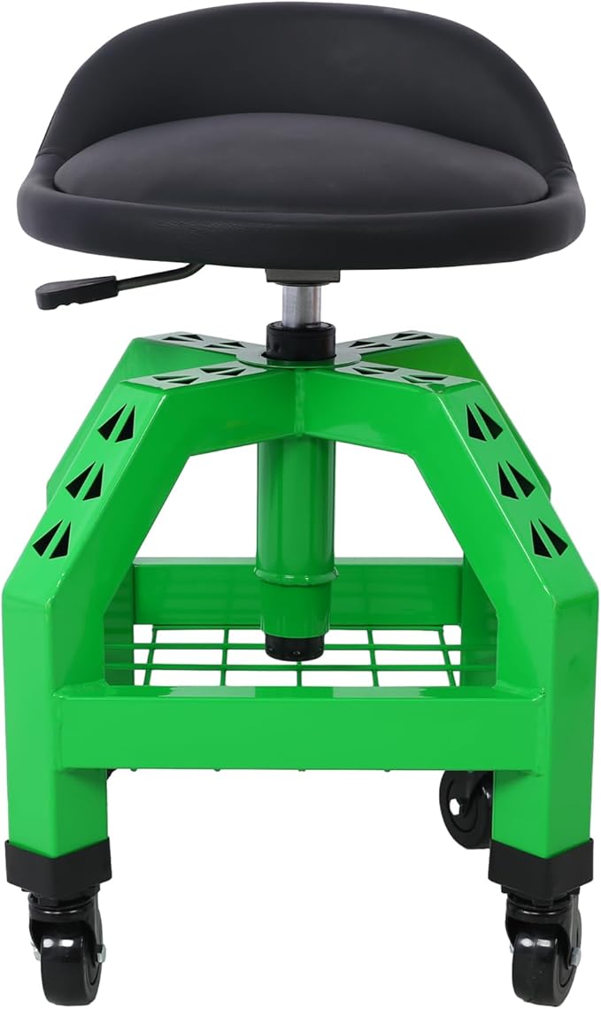 Rolling Shop Stool for Garage with Tool Storage Lower Shelf Ergonomic Padding Lumbar Support 360° Swivel Shop Seat Green