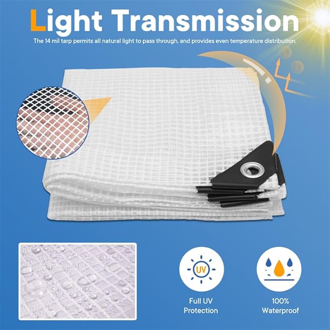 Clear Greenhouse Plastic Covering 8x10FT14 Mil Clear Waterproof Cover UV Resistant Poly Tarp with Grommets Superior Strength Film Plastic Sheeting for Canopy Farming