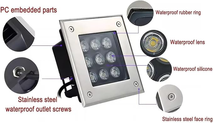Square Landscape Lights - Outdoor Recessed Buried Lamp IP67 Waterproof Stainless Steel Spotlight AC 12V Low Voltage FloorLight for Terrace Gardens Paths(Yellow6 W)