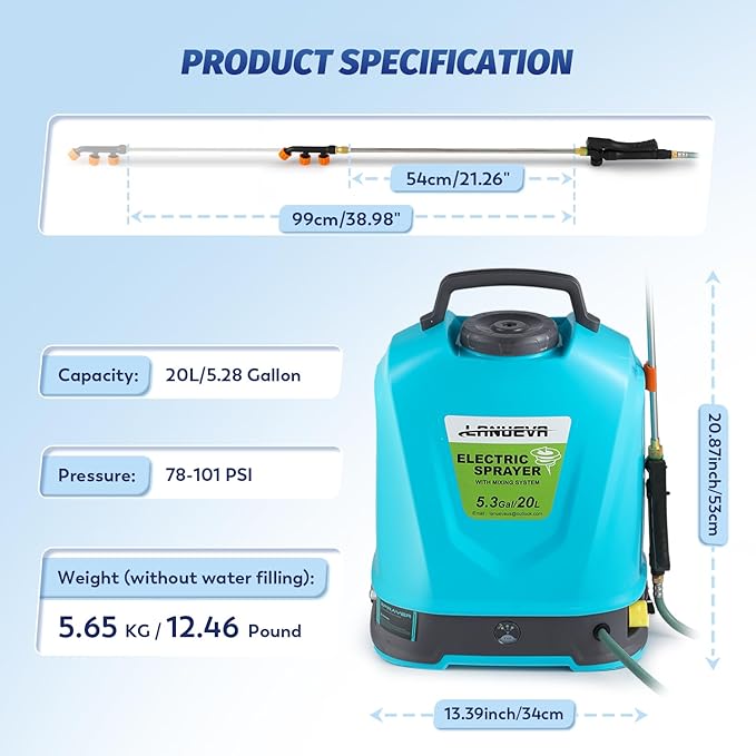 LANUEVA 5.28 Gal/20L Battery Powered Sprayer with Mixing System 78-101 PSI Adjustable Electric Backpack Sprayer with Six Mist Nozzles&ampTelescopic Wand Weed Sprayer for Lawn Garden Home Cleaning