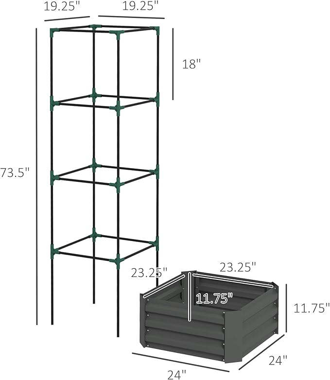 Galvanized Raised Garden Bed 24 x 24 x 11.75 Outdoor Planter Box with Trellis Tomato Cage and Open Bottom for Climbing Vines Vegetables Flowers in Backyard Garden Patio Gray