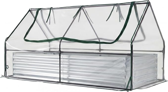 HAPPYGRILL Raised Garden Bed with Cover Galvanized Metal Planter Box Kit w/2 Large Zipper Mesh Screen Windows Outdoor Raised Beds for Gardening Flowers Vegetables (Silver)