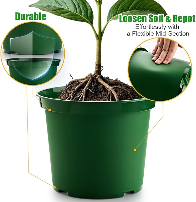 5 Gallon 12 Inch Plastic Nursery Pots Plant Containers with Drainage Holes Round Sturdy Garden Planters for Indoor/Outdoor Greenery Gardening Gifts for Women (5-Pack Green)